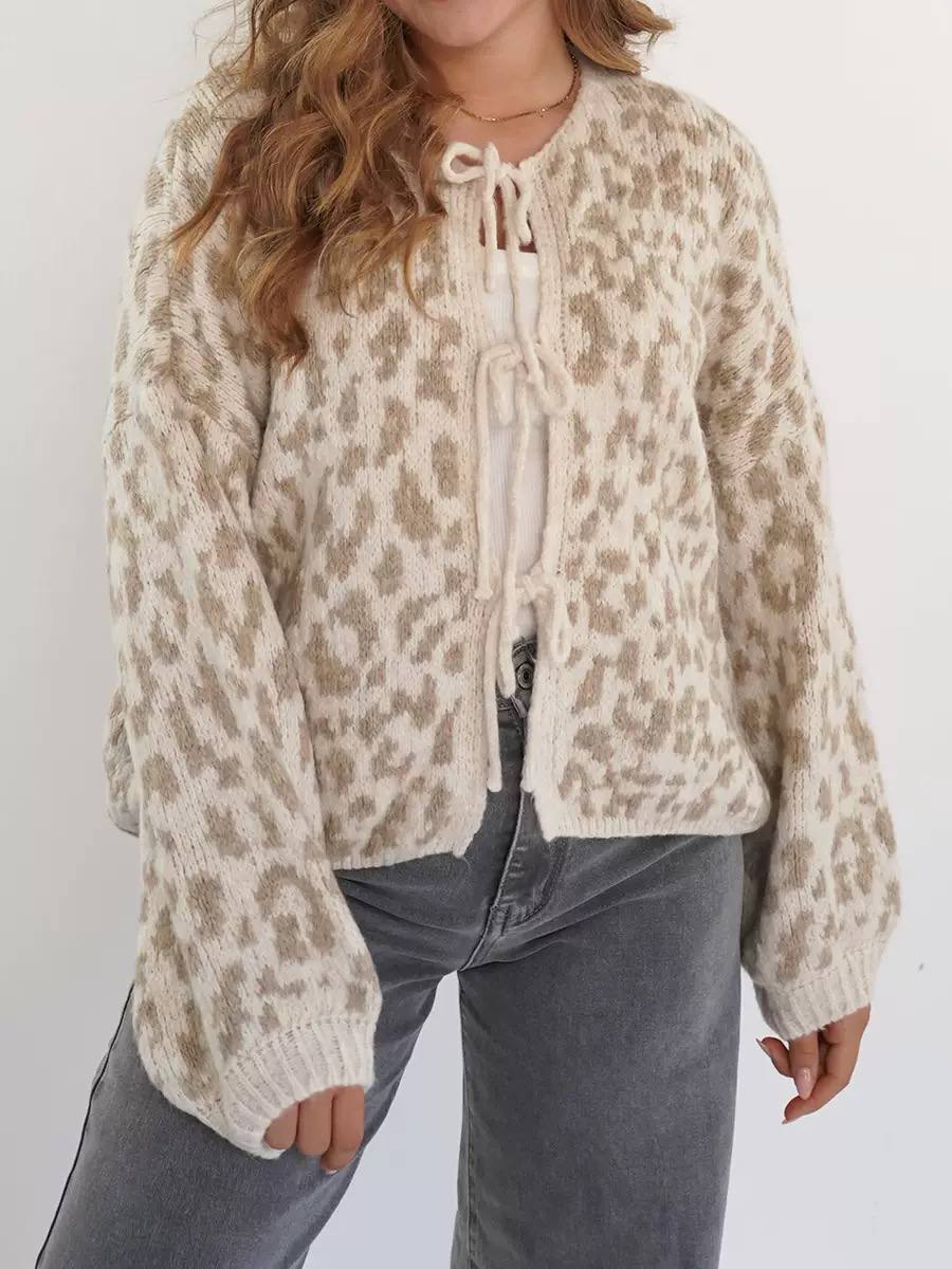 Tie-Neck Animal-Print Ruffle Blouse - Beige Leopard