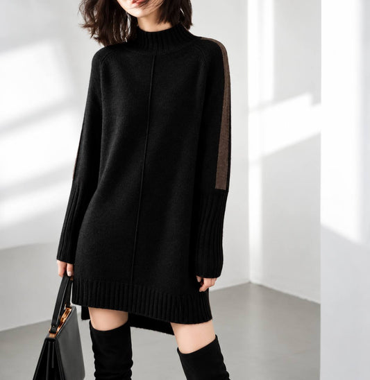 Relaxed Roll-Neck Knit Mini Dress - Black
