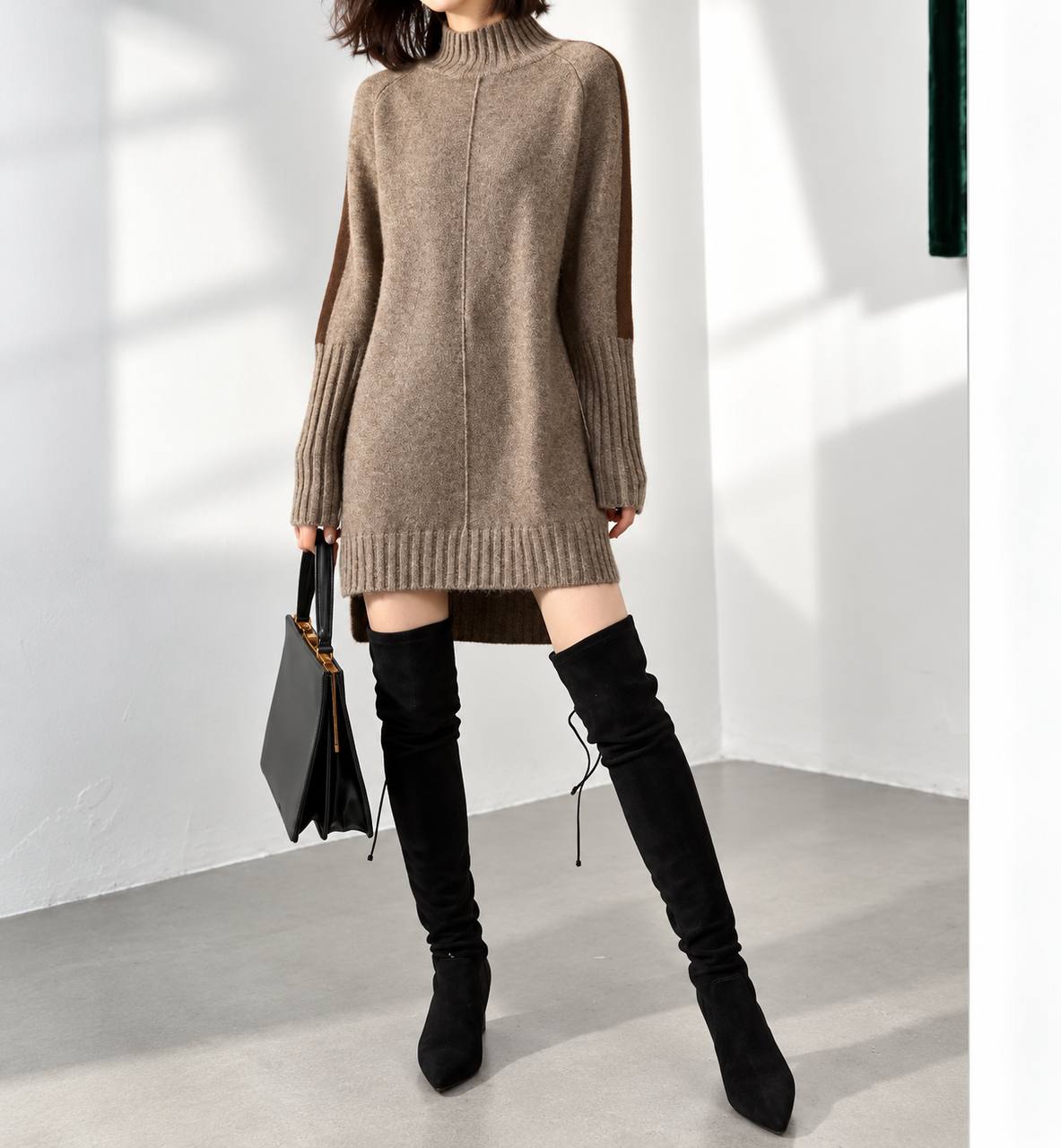 Relaxed Roll-Neck Knit Mini Dress - Taupe