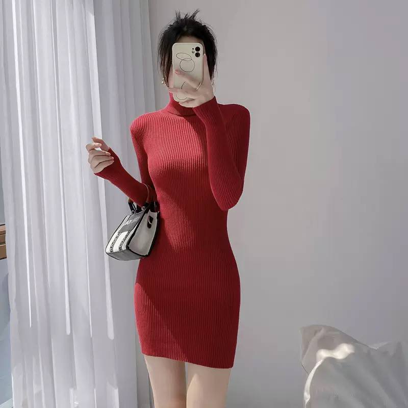 Ribbed Roll-Neck Long-Sleeve Mini Dress - Red
