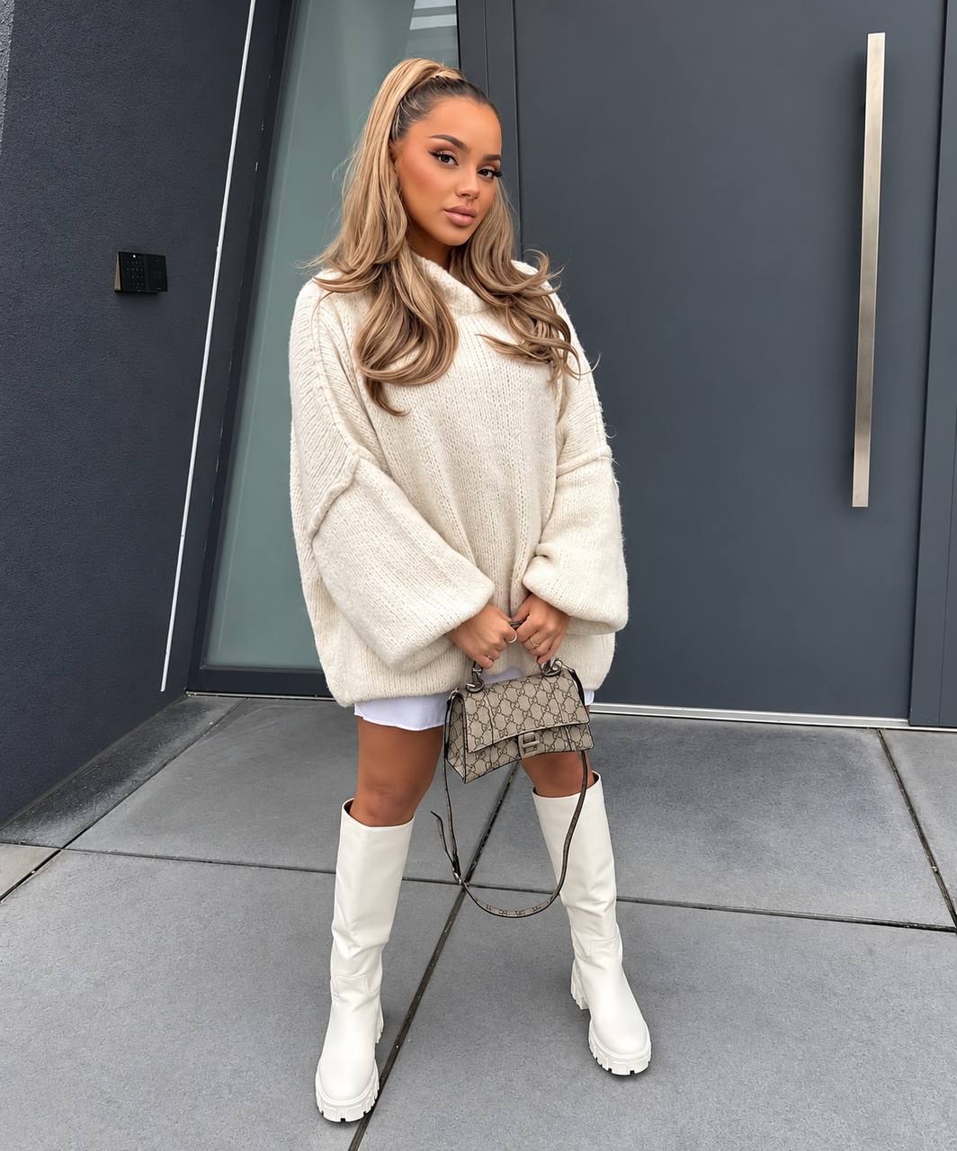 Oversized High-Neck Balloon-Sleeve Knit Jumper