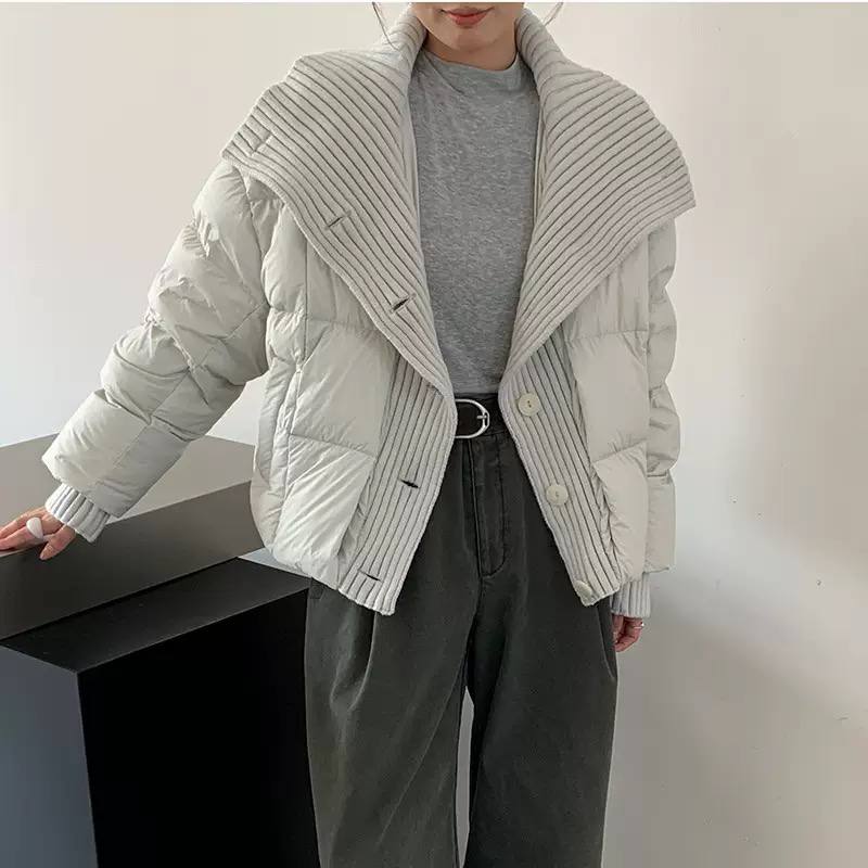 Padded Panel Ribbed-Knit Zip Jacket - Light Grey