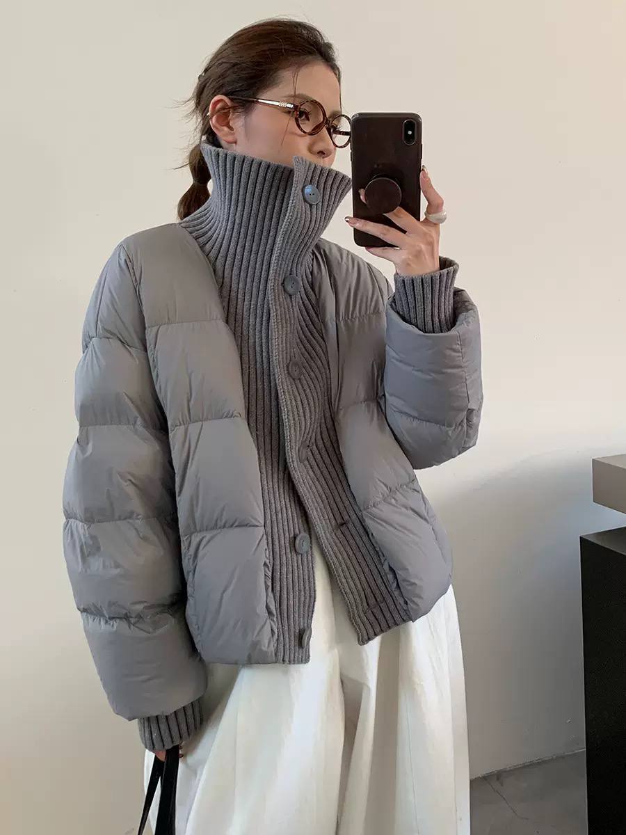 Padded Panel Ribbed-Knit Zip Jacket - Grey