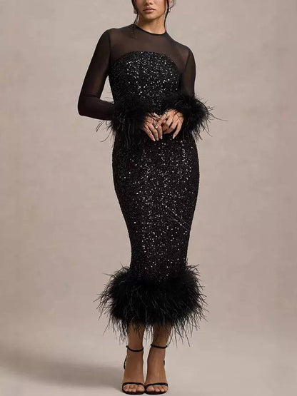 Feather-Trim Sequin Midi Dress - Black