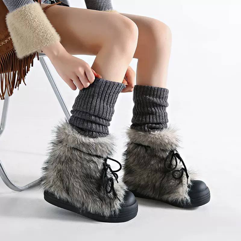 Faux-Fur Lace-Up Platform Ankle Boots - Grey