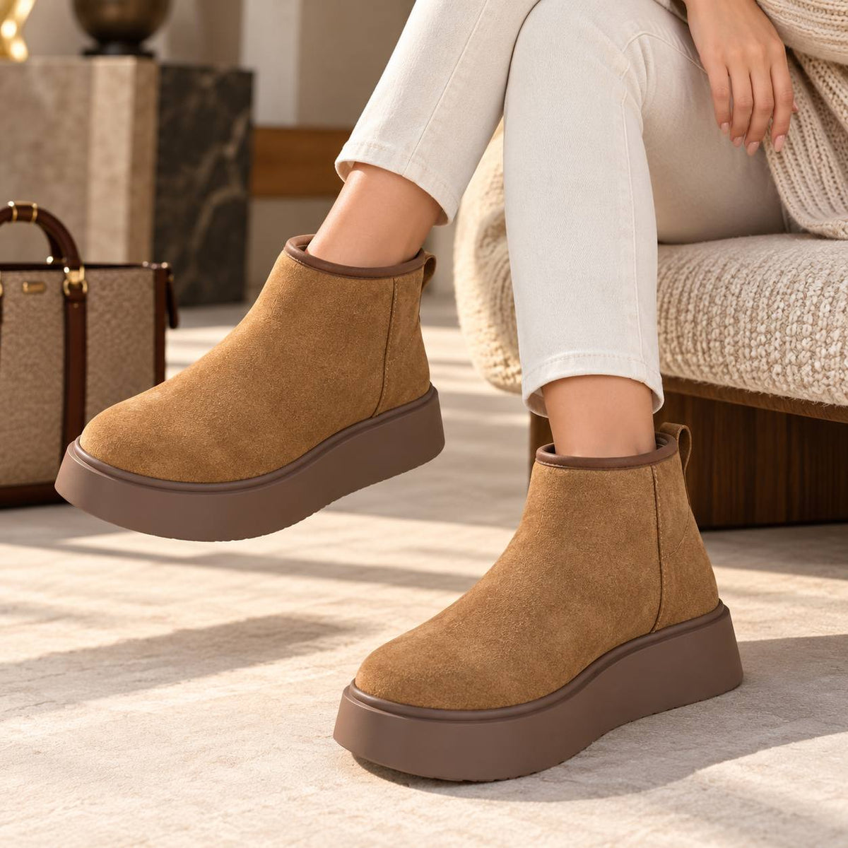 Wedge-Heel Faux-Suede Ankle Boots - Camel
