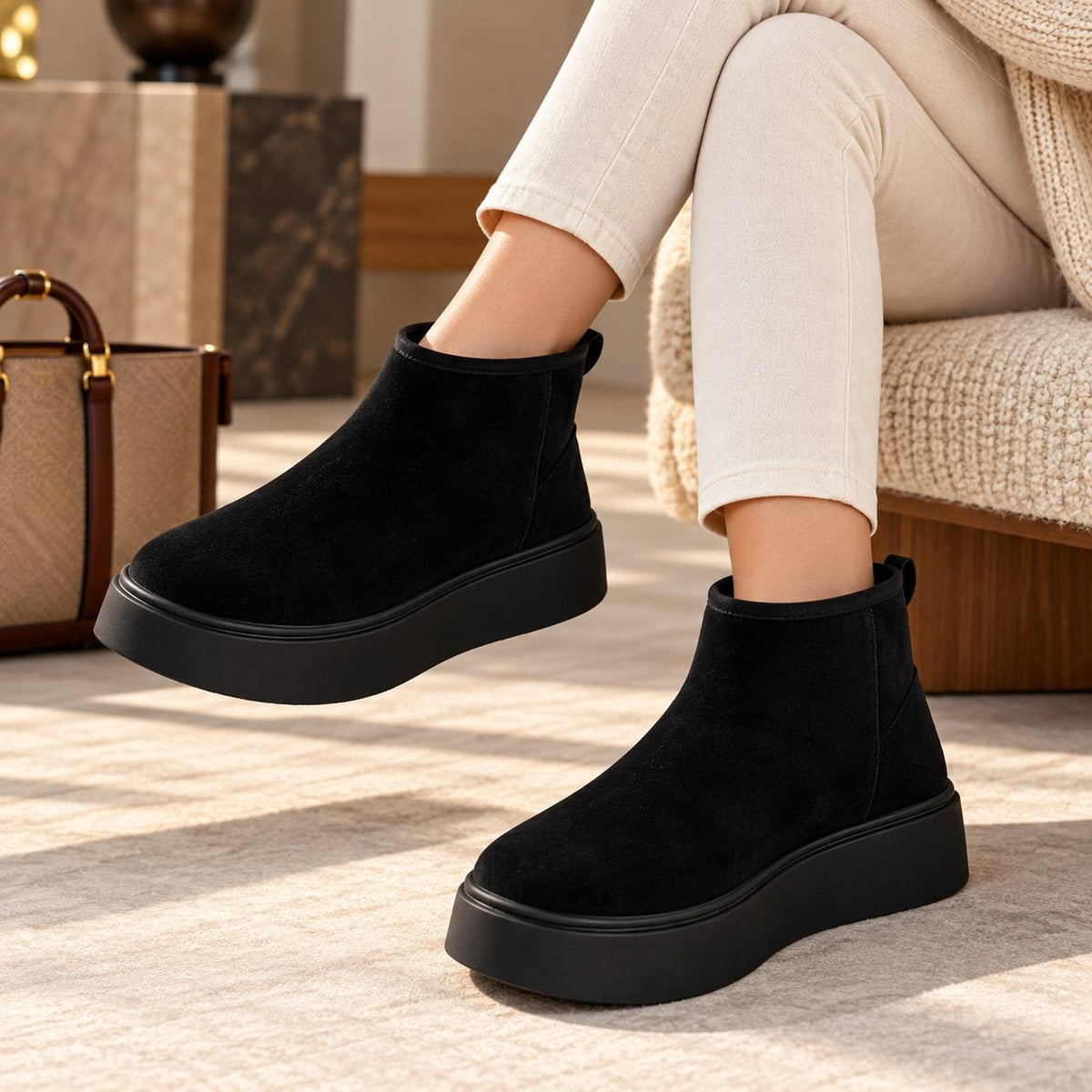 Wedge-Heel Faux-Suede Ankle Boots - Black
