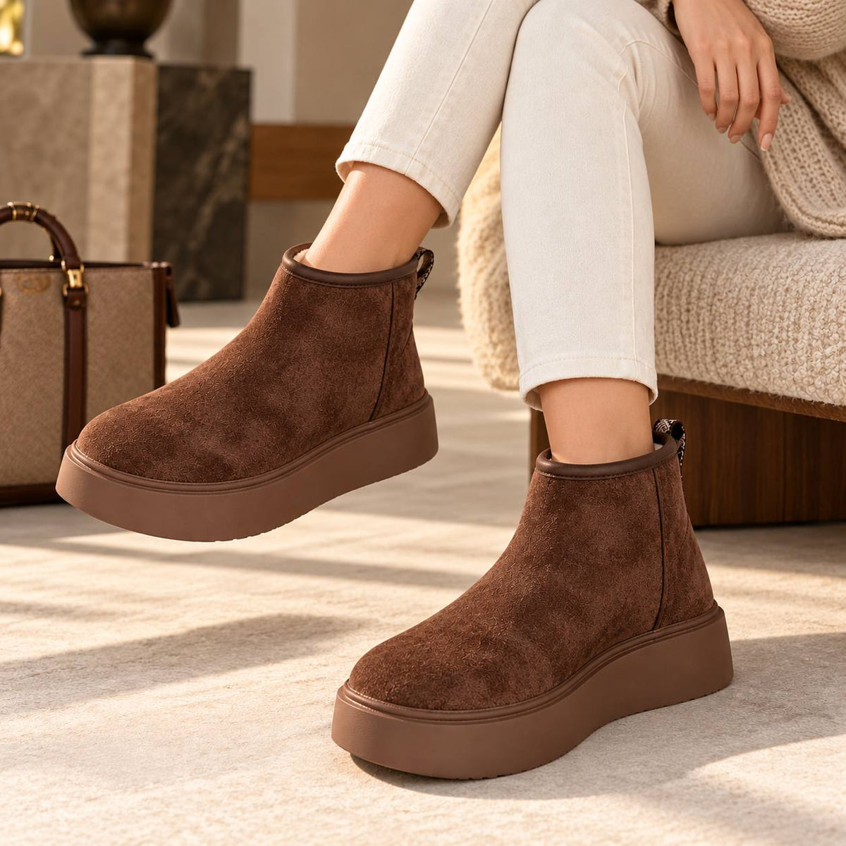 Wedge-Heel Faux-Suede Ankle Boots - Brown