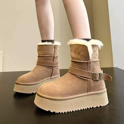 Shearling-Trim Platform Strap Ankle Boots - Camel
