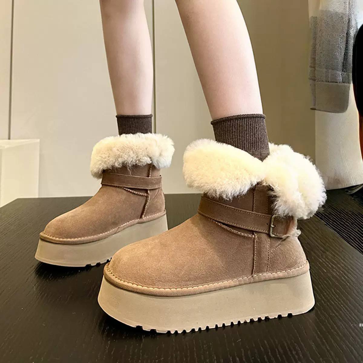 Shearling-Trim Platform Strap Ankle Boots - Camel