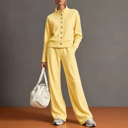 Buttoned Jacket and Wide-Leg Trouser Set - Yellow