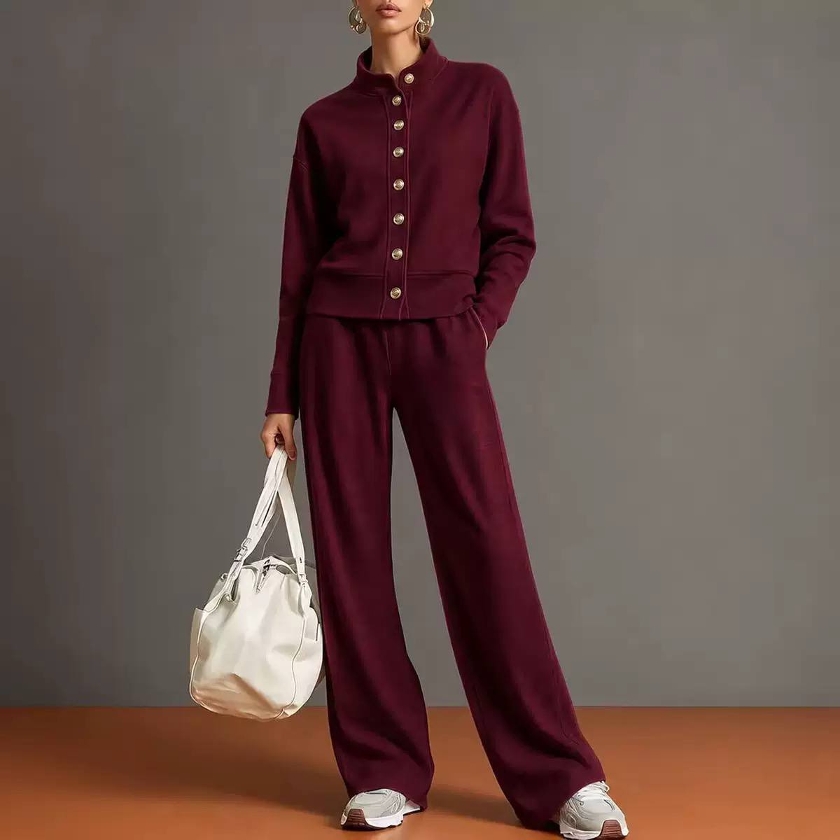 Buttoned Jacket and Wide-Leg Trouser Set - Burgundy