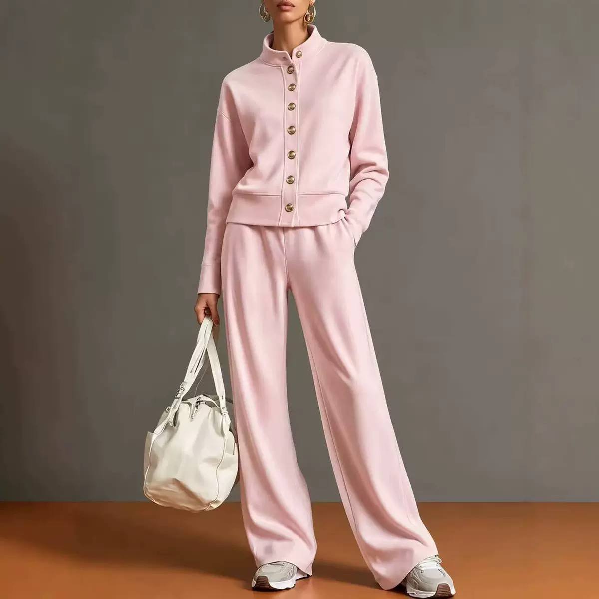 Buttoned Jacket and Wide-Leg Trouser Set - Pink