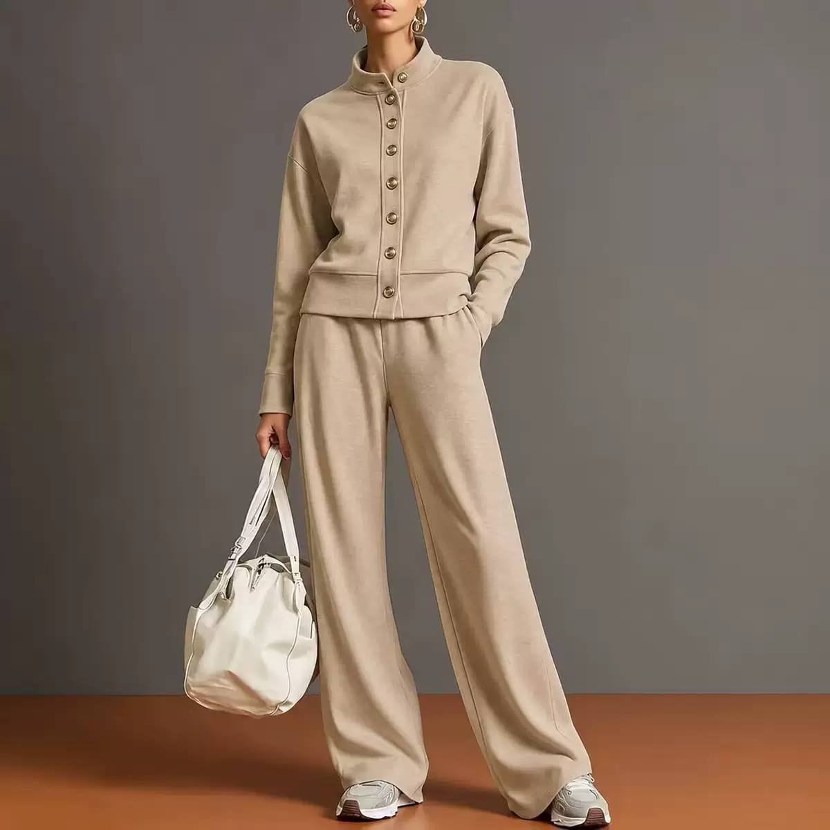 Buttoned Jacket and Wide-Leg Trouser Set - Beige