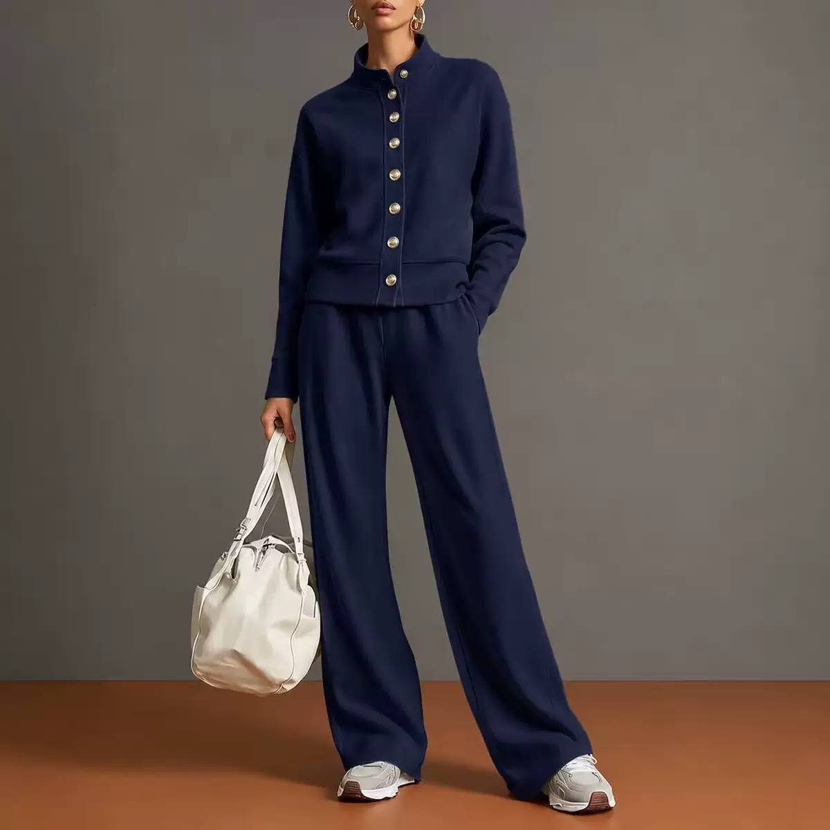 Buttoned Jacket and Wide-Leg Trouser Set - Navy