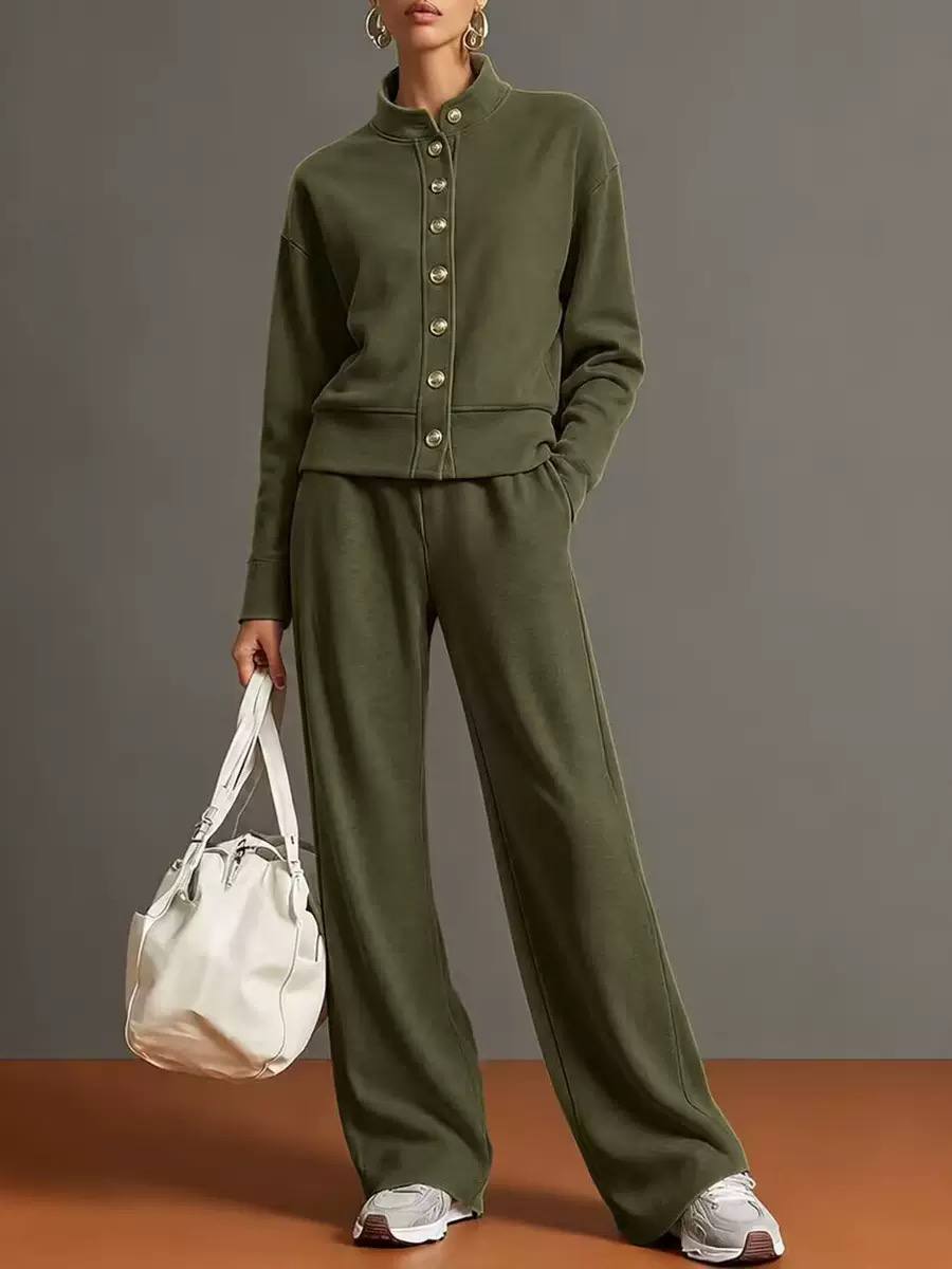 Buttoned Jacket and Wide-Leg Trouser Set - Olive Green