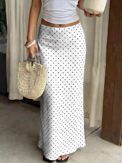Polka-Dot Satin Maxi Skirt - White