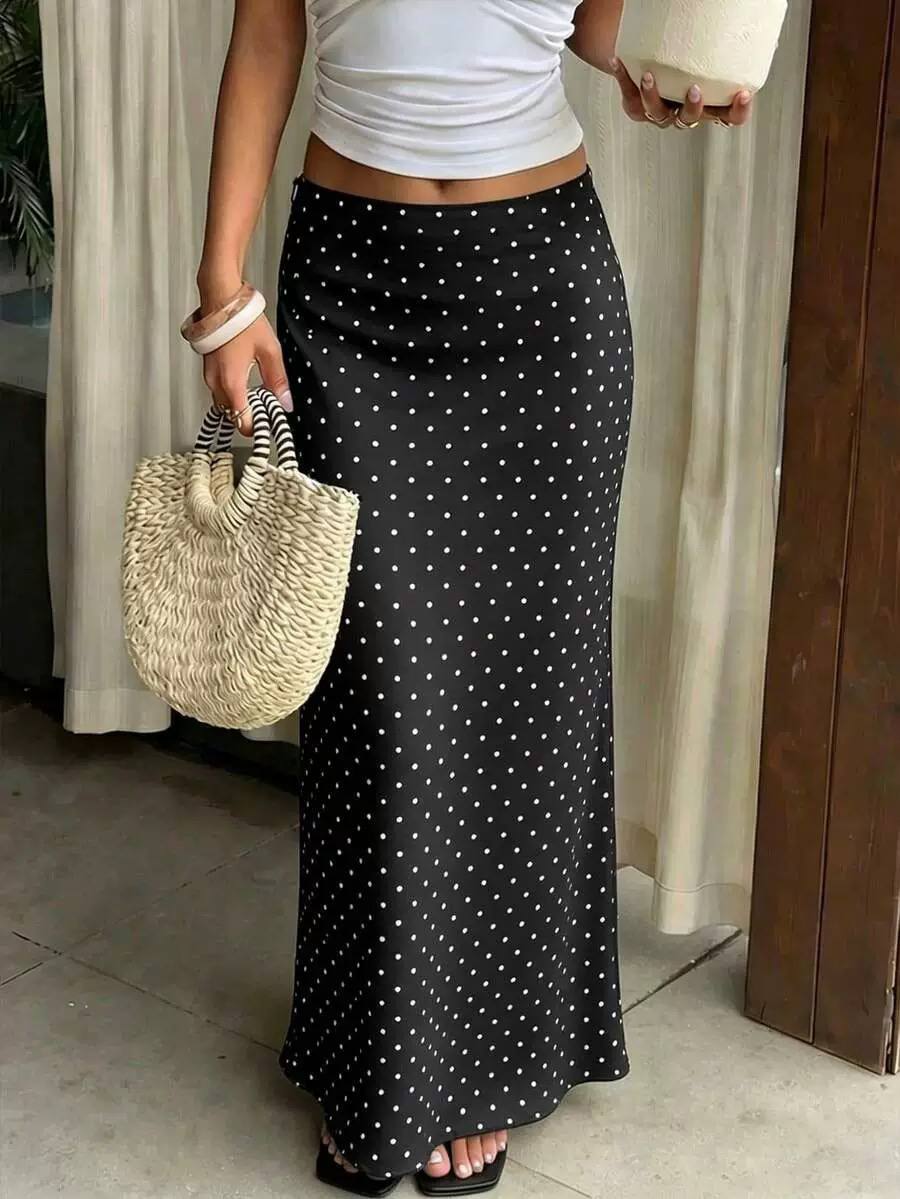 Polka-Dot Satin Maxi Skirt - Black