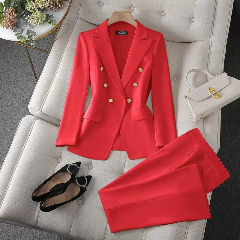 Double-Breasted Blazer and Wide-Leg Trouser Set - Red