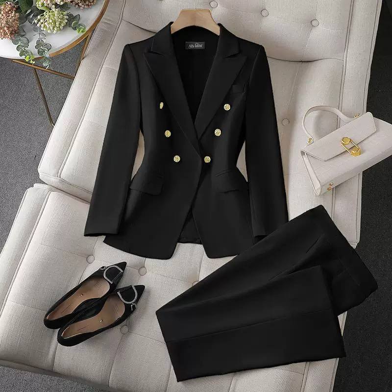 Double-Breasted Blazer and Wide-Leg Trouser Set - Black