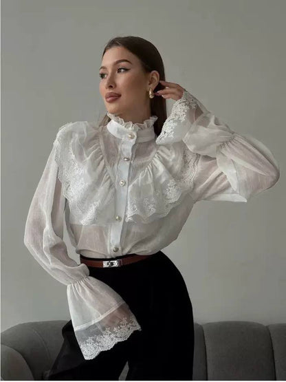 Sheer Lace Ruffle High-Neck Blouse - White