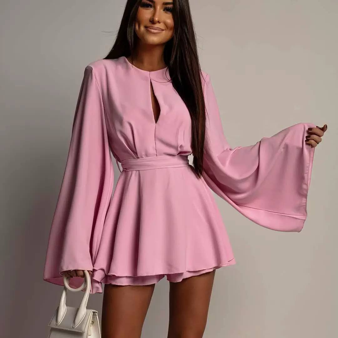 Belted Wide-Sleeve Tailored Playsuit - Pink