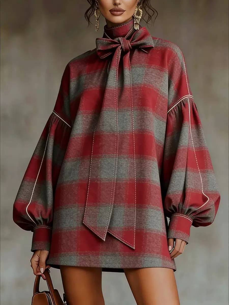 Oversized Velvet Bow-Neck Mini Dress - Red Plaid