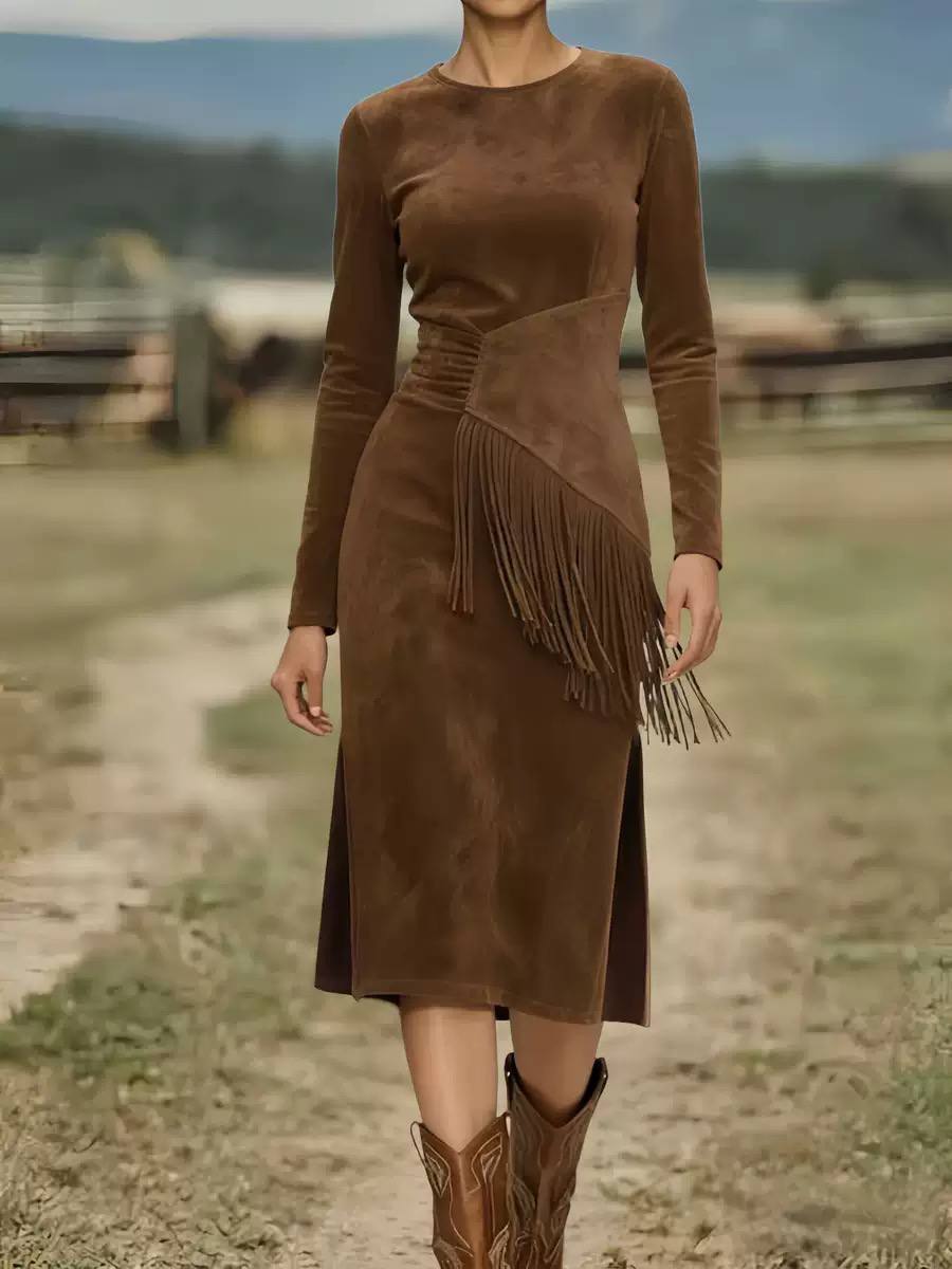 Asymmetric Fringe-Waist Knit Midi Dress - Brown