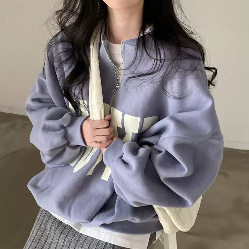 Oversized Quarter-Zip Letter Graphic Sweatshirt - Lavender