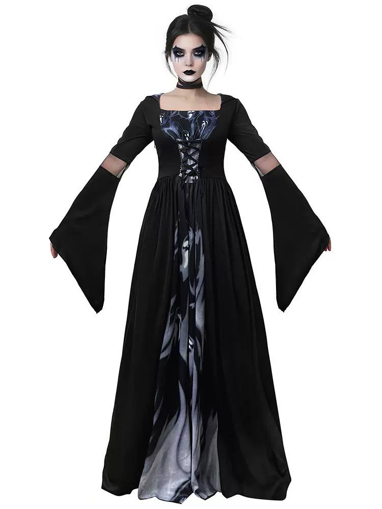 Veiled Reaper Bell Sleeve Costume Dress - Black