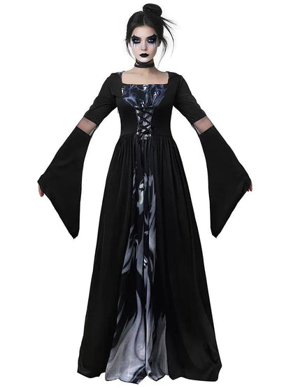 Veiled Reaper Bell Sleeve Costume Dress - Black