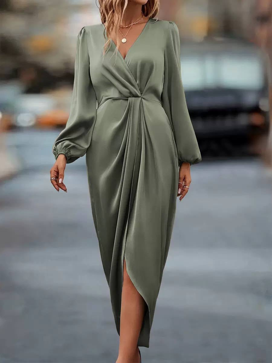 Tulip Hem Midi Dress With Gathered Long Sleeves – Sage Green