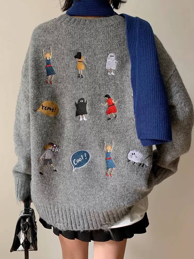 Relaxed Jumper With Embroidered Motifs And Ribbed Trims – Grey