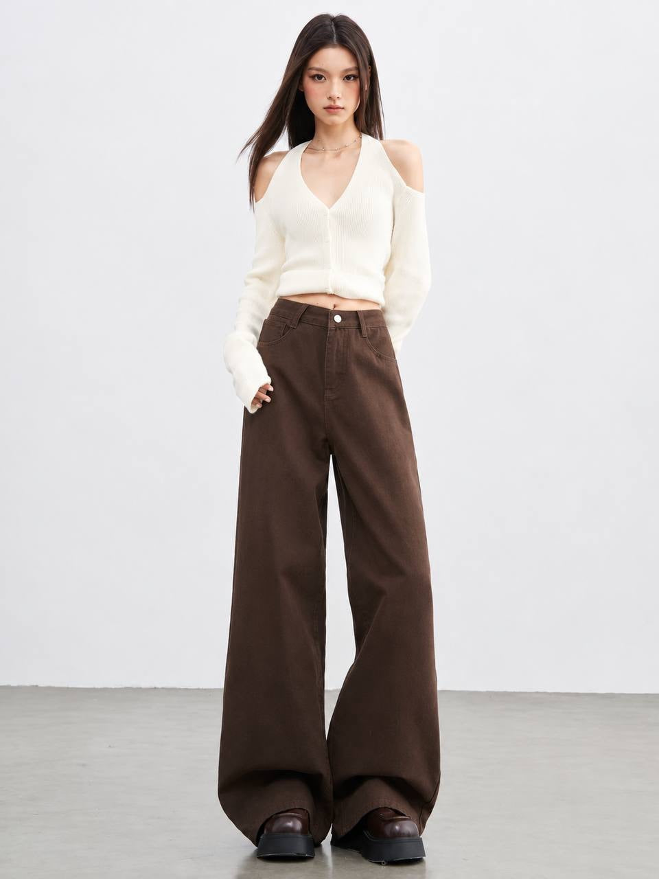 Wide Leg Trousers With Pockets And Belt Loops – Brown