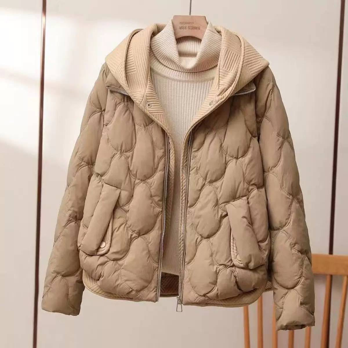 Hooded Quilted Jacket With Zip Front And Pockets – Beige