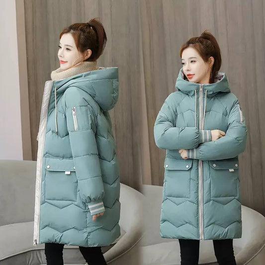 Hooded Longline Quilted Coat With Zip And Flap Pockets – Green