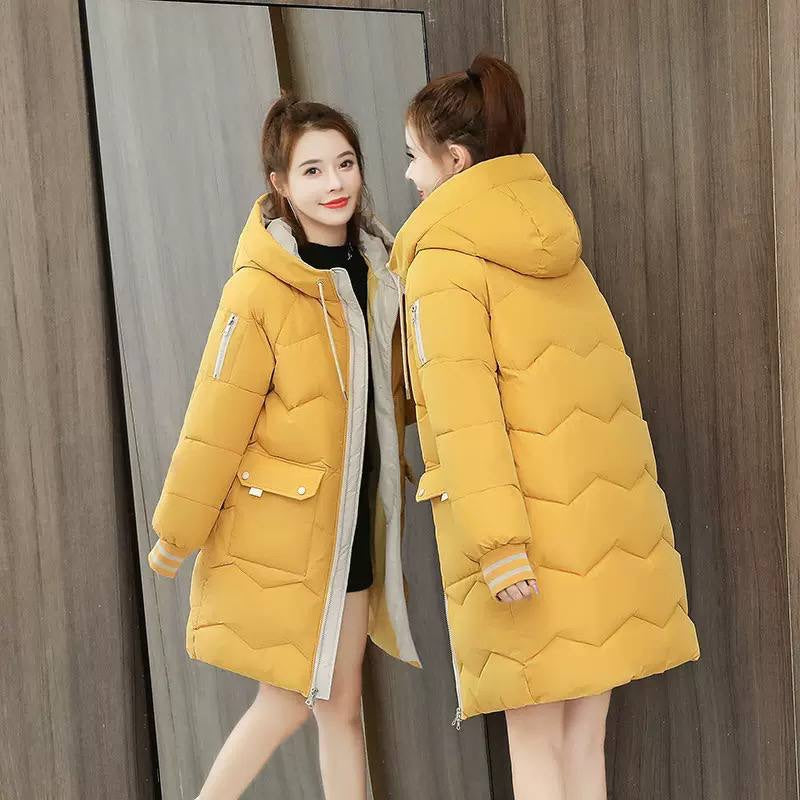 Hooded Longline Quilted Coat With Zip And Flap Pockets – Yellow