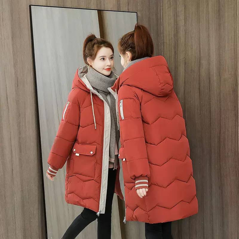 Hooded Longline Quilted Coat With Zip And Flap Pockets – Rust