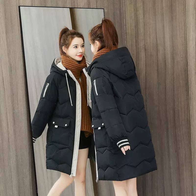 Hooded Longline Quilted Coat With Zip And Flap Pockets – Black