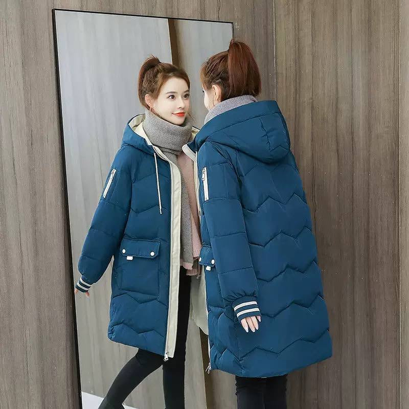 Hooded Longline Quilted Coat With Zip And Flap Pockets – Blue