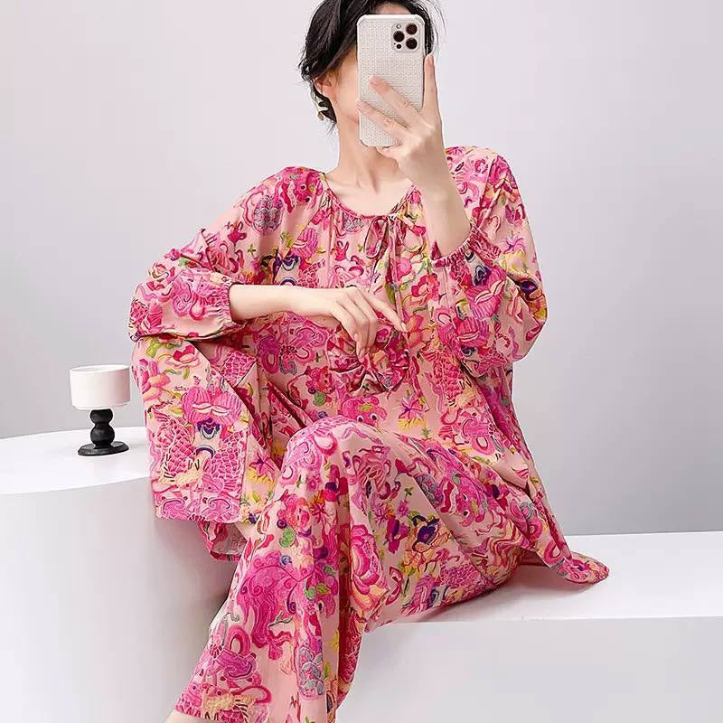 Printed Tie-Neck Pyjama Set With Wide-Leg Trousers – Pink Floral