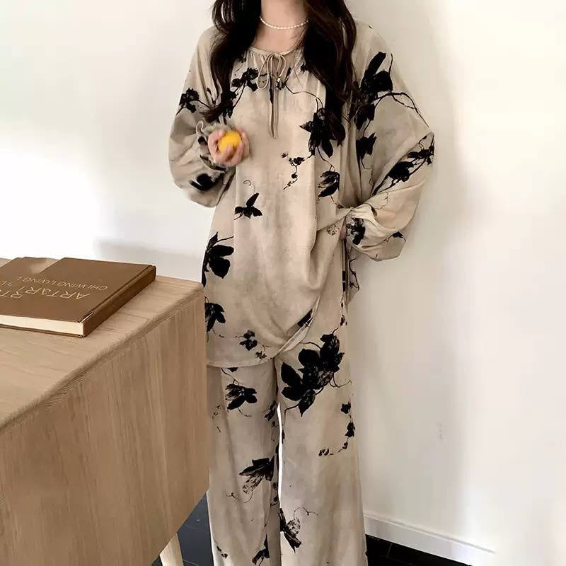 Printed Tie-Neck Pyjama Set With Wide-Leg Trousers – Beige Floral