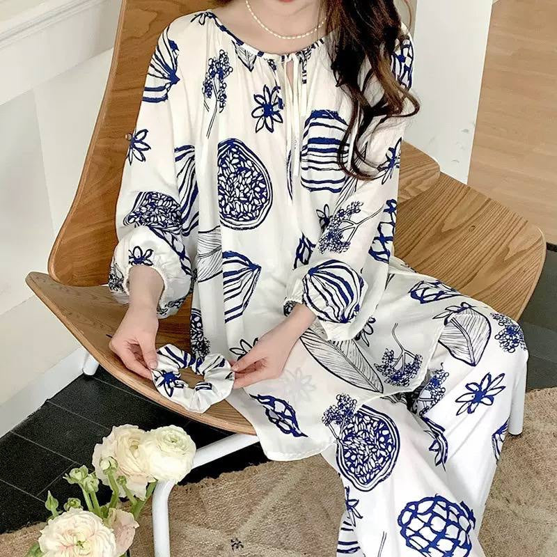 Printed Tie-Neck Pyjama Set With Wide-Leg Trousers – White And Blue Botanical