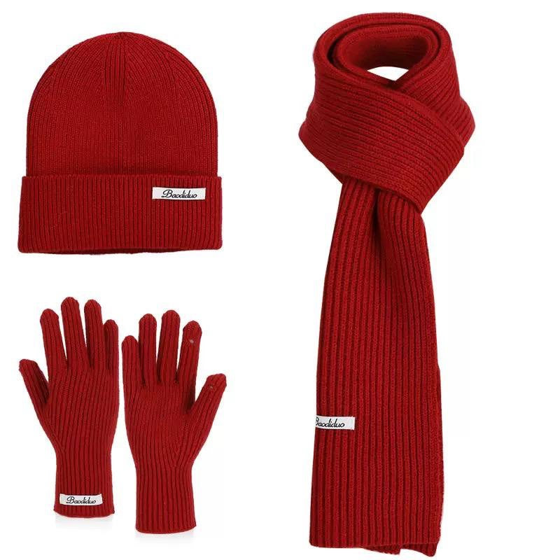 Ribbed Beanie, Scarf And Gloves Matching Set – Red