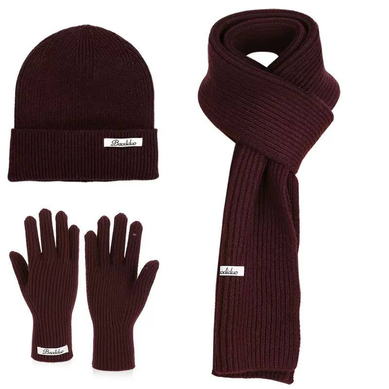 Ribbed Beanie, Scarf And Gloves Matching Set – Burgundy