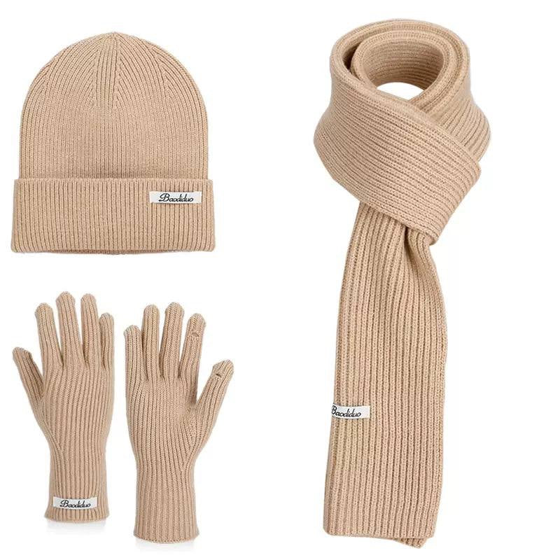 Ribbed Beanie, Scarf And Gloves Matching Set – Beige