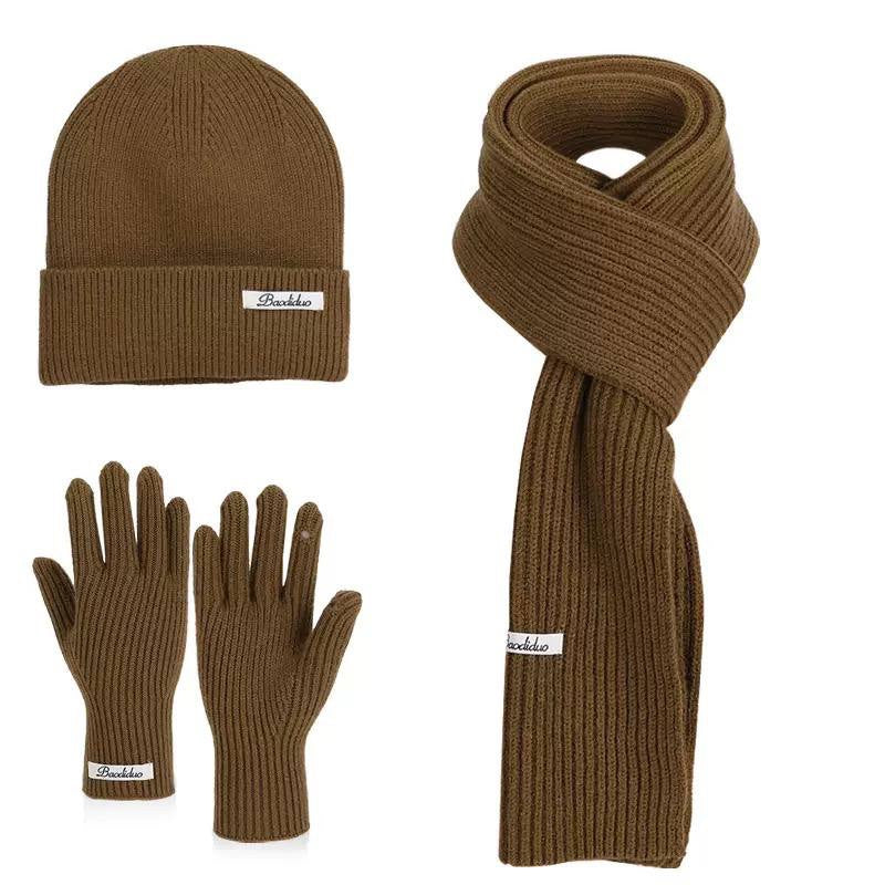 Ribbed Beanie, Scarf And Gloves Matching Set – Khaki
