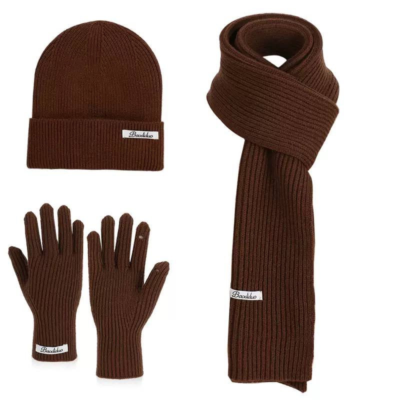 Ribbed Beanie, Scarf And Gloves Matching Set – Brown
