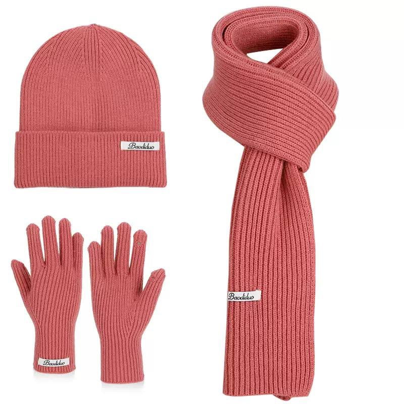Ribbed Beanie, Scarf And Gloves Matching Set – Pink