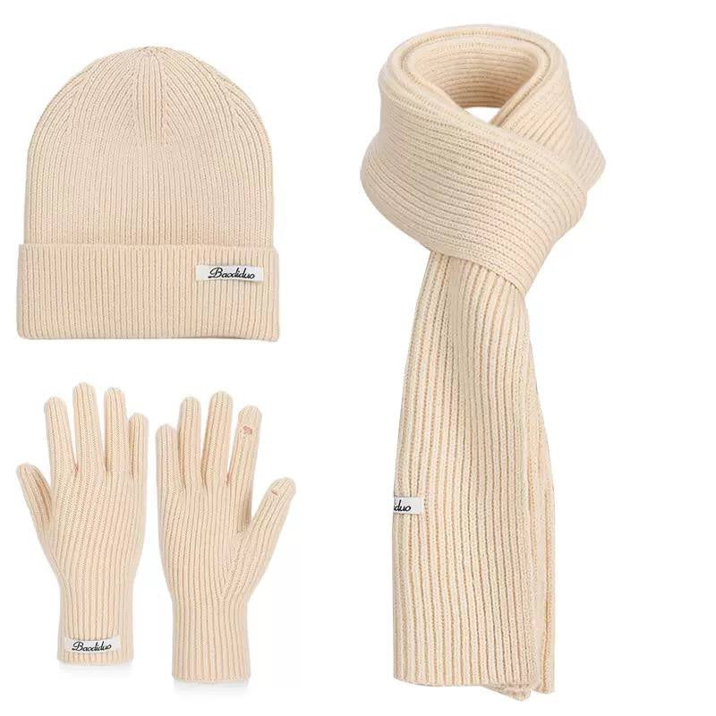 Ribbed Beanie, Scarf And Gloves Matching Set – Cream